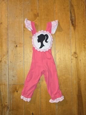 Girls Barbie Pink One-Piece Romper with Silhouette Patch. Boutique Custom